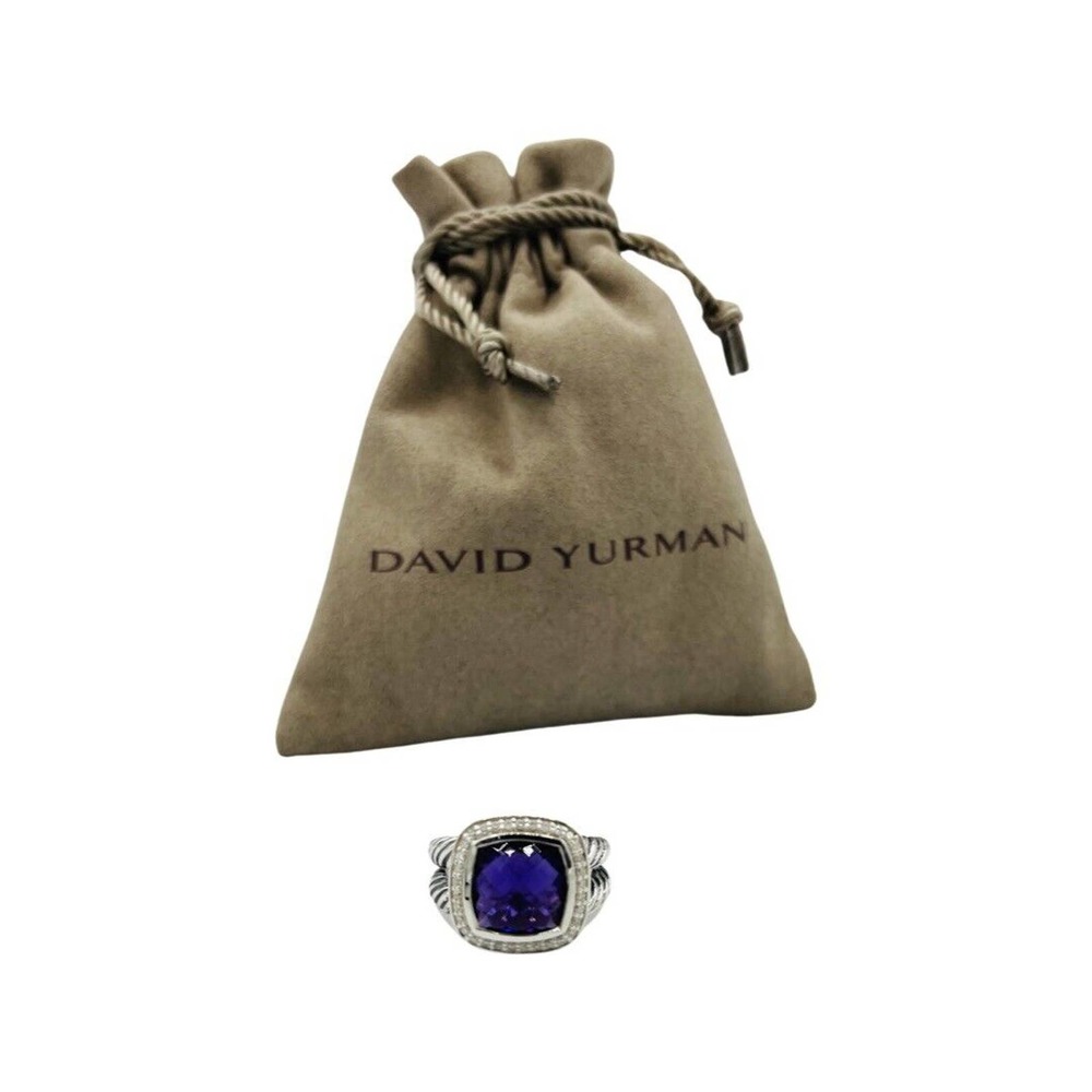 David Yurman Sterling Silver Albion Ring 11mm with Amethyst and Diamonds Size 6